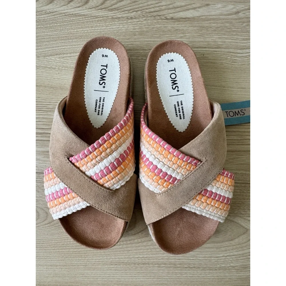 TOMS Paloma Slide Sandals Womens 6 Honey Suede Woven Trim Espadrille Platform